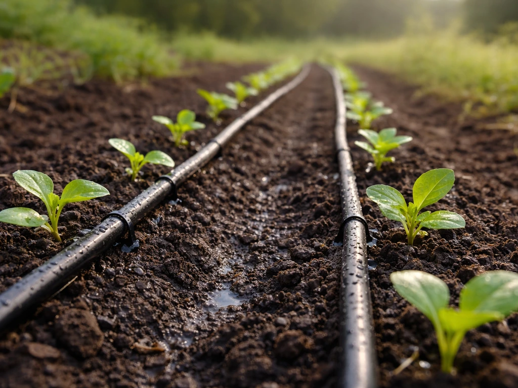 Drip irrigation watering a small vegetable plot in a quiet rural farm setting.