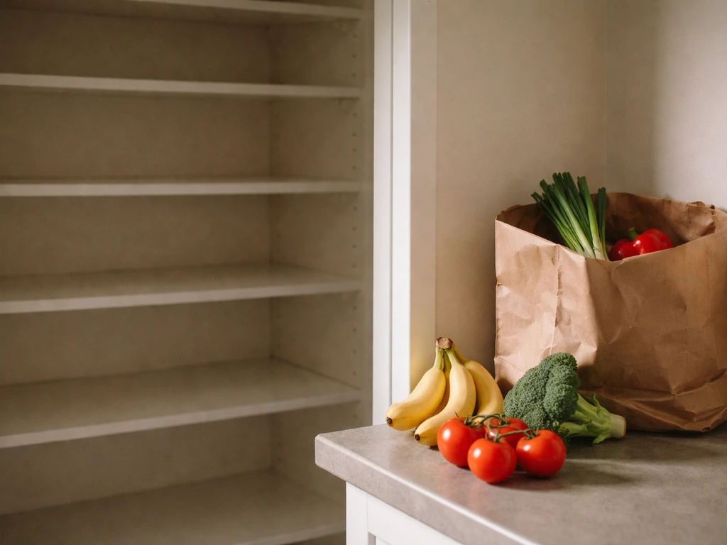Empty pantry shelves with a few fresh vegetables and a partly filled grocery bag in a kitchen.