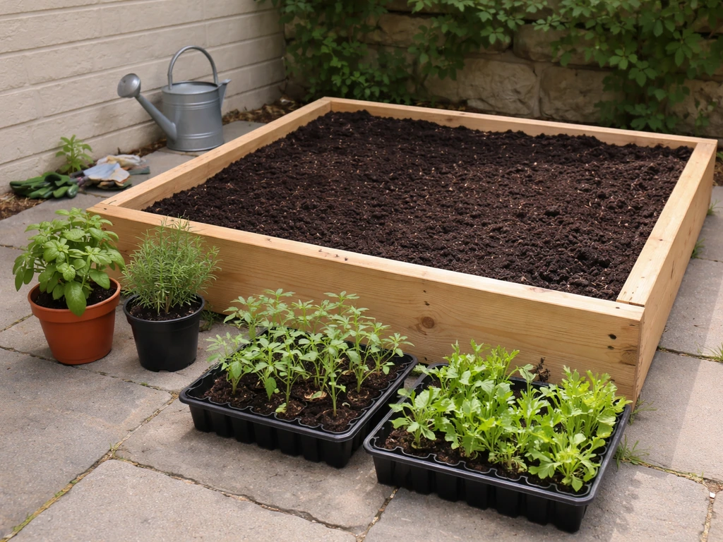 Small wooden raised bed garden with soil and starter plants, watering can on a quiet patio.