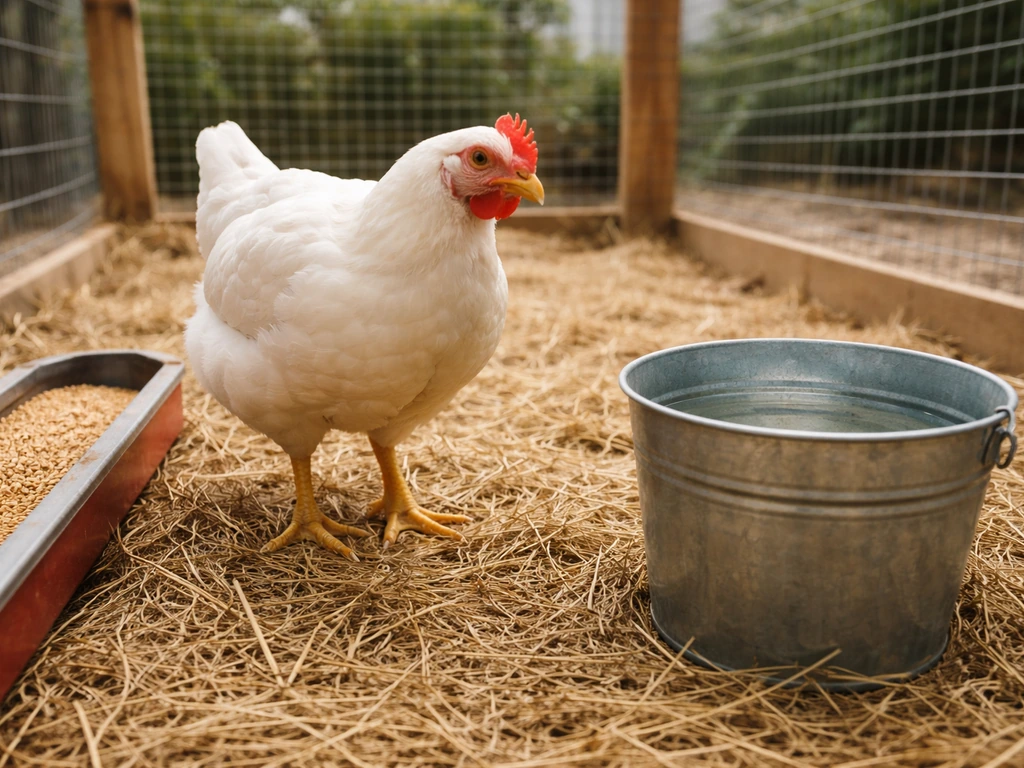 Cornish Cross broiler in a clean backyard coop beside a feed trough and water bucket