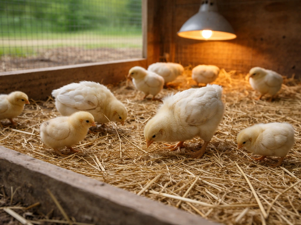 Broiler chicks in a backyard brooder/run, showing a clear early-to-larger growth stage.
