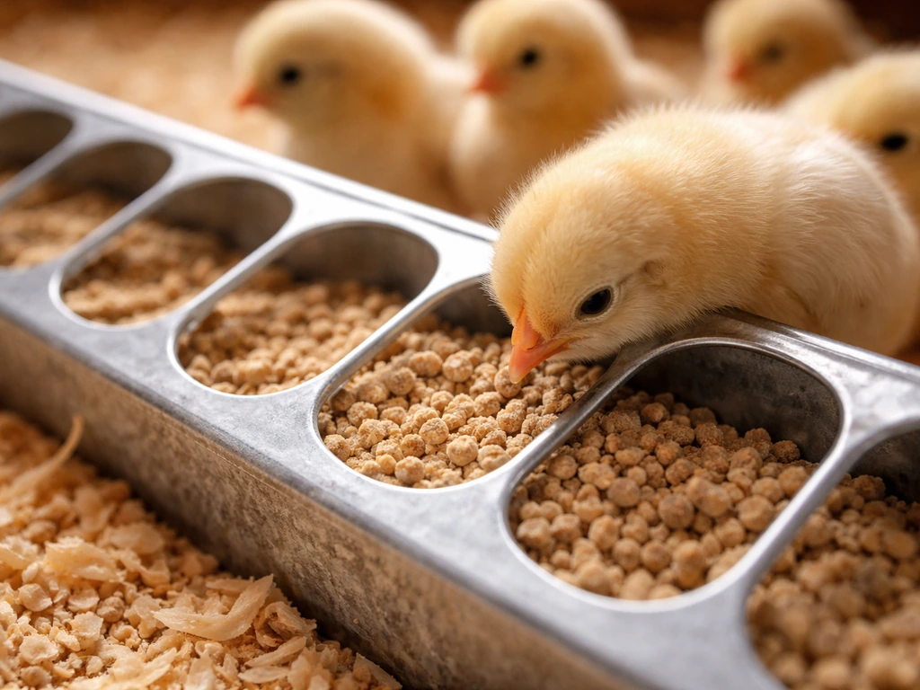 Close-up of high-protein chick starter crumbles in a feeder next to young chicks.