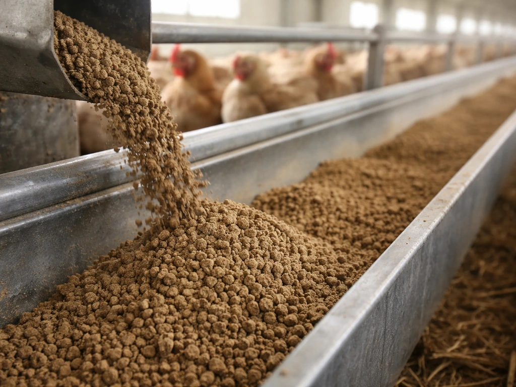 Close-up of finisher chicken feed flowing into a trough beside older broilers in a barn.