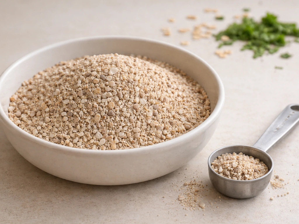 Shallow bowl of poultry grit and a measuring spoon beside whole oats and forage herbs on a clean counter.