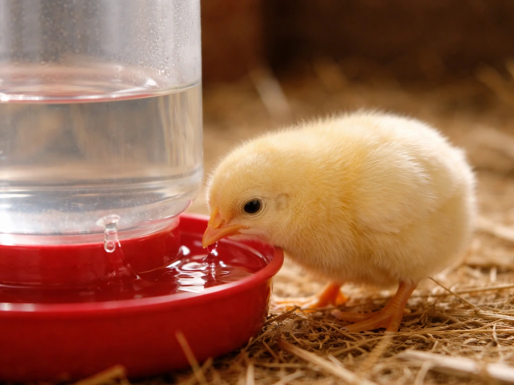 Baby chick drinking from a clean waterer inside a simple coop, with water line visible.