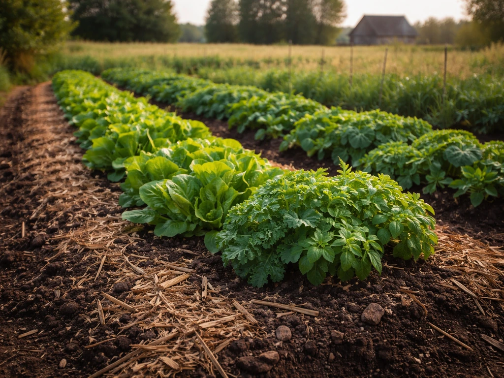 Organic garden bed with compost-rich soil, mulch, and healthy greens on a quiet farm.