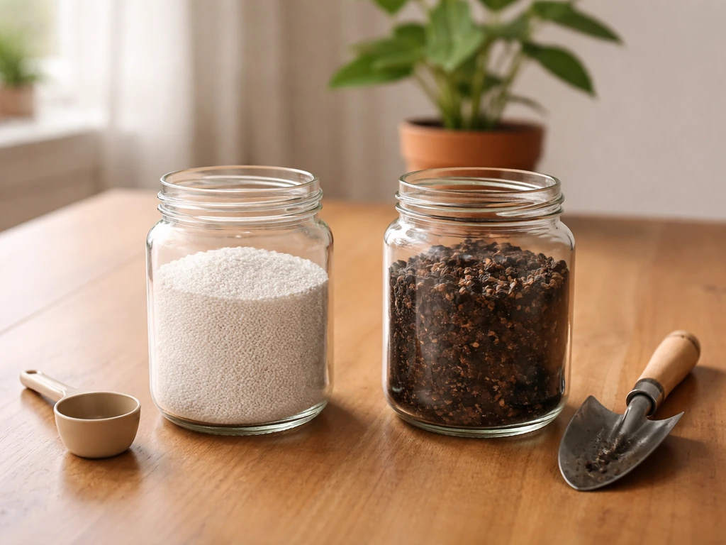 Two separated jars on a table: synthetic-like granules vs compost, with a small trowel and scoop.