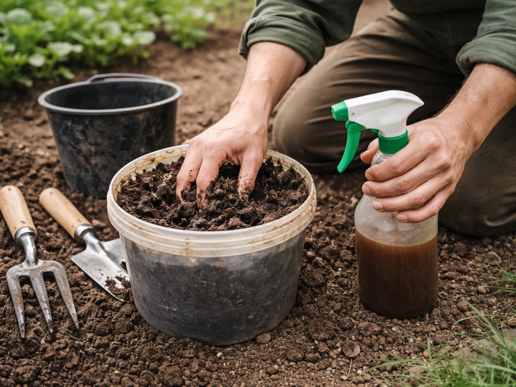Gardener hands working compost and using a small sprayer beside a simple garden bed.