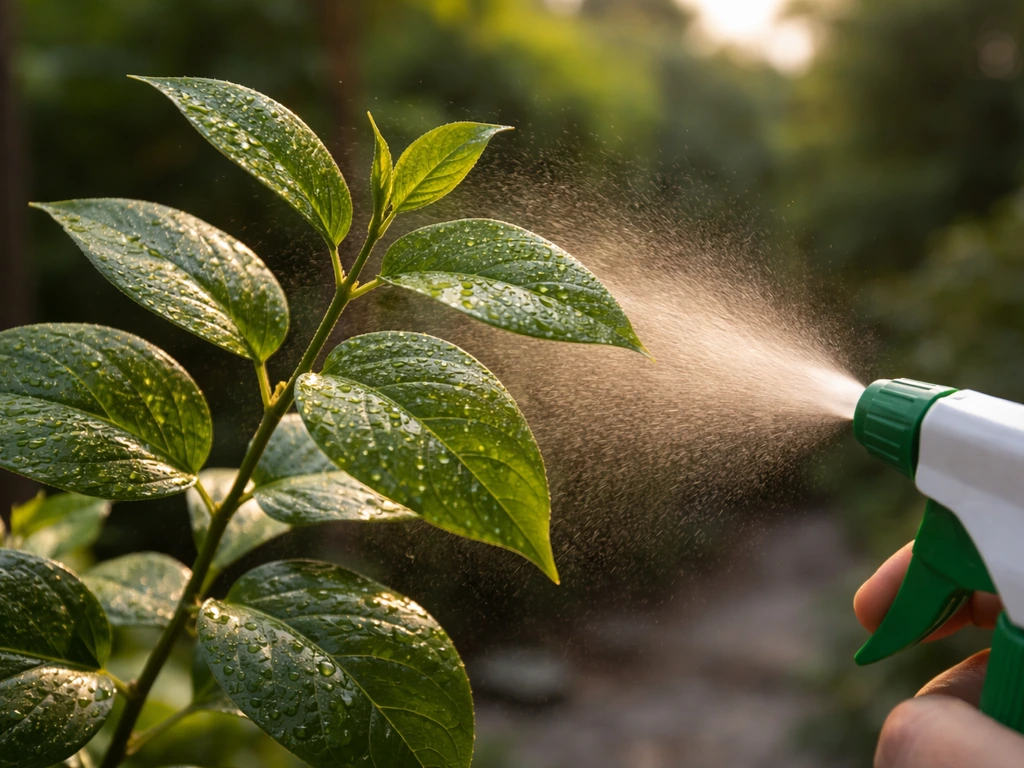 Evening neem oil spray misting leaves from a handheld bottle, focused on application technique.