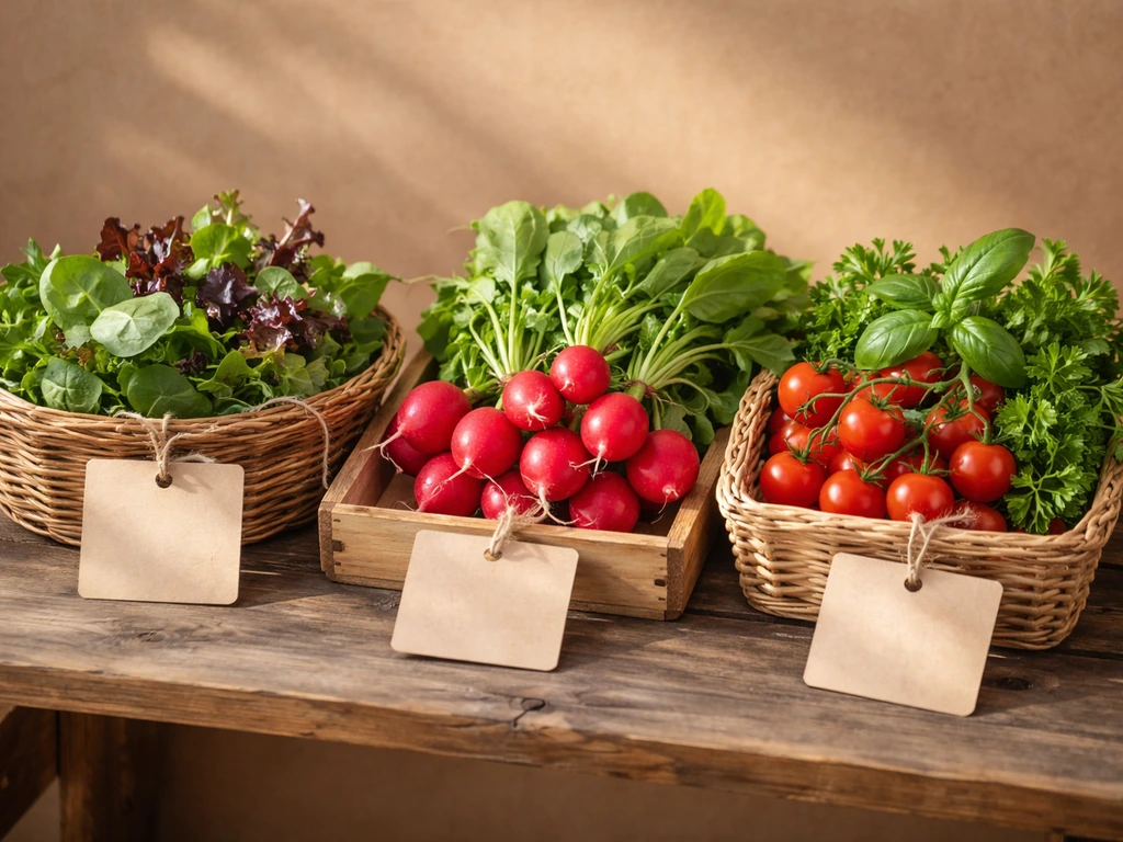 Freshly harvested organic greens, radishes, tomatoes, and herbs displayed on a rustic table.