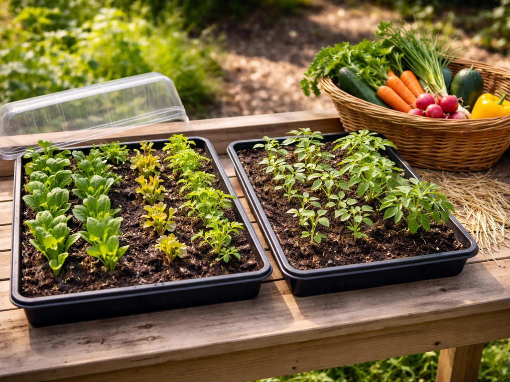 Trays of mixed organic vegetables on a bench, showing cool-season greens and warm-season crops for spring/summer plantin
