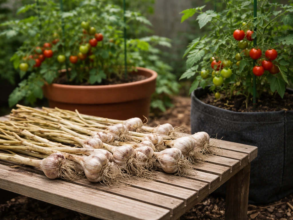 Garlic bulbs curing on a wooden rack beside cherry tomato plants in containers.