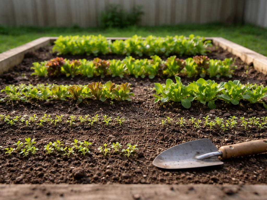 Garden bed with mesclun rows at different growth stages for weekly salad harvesting