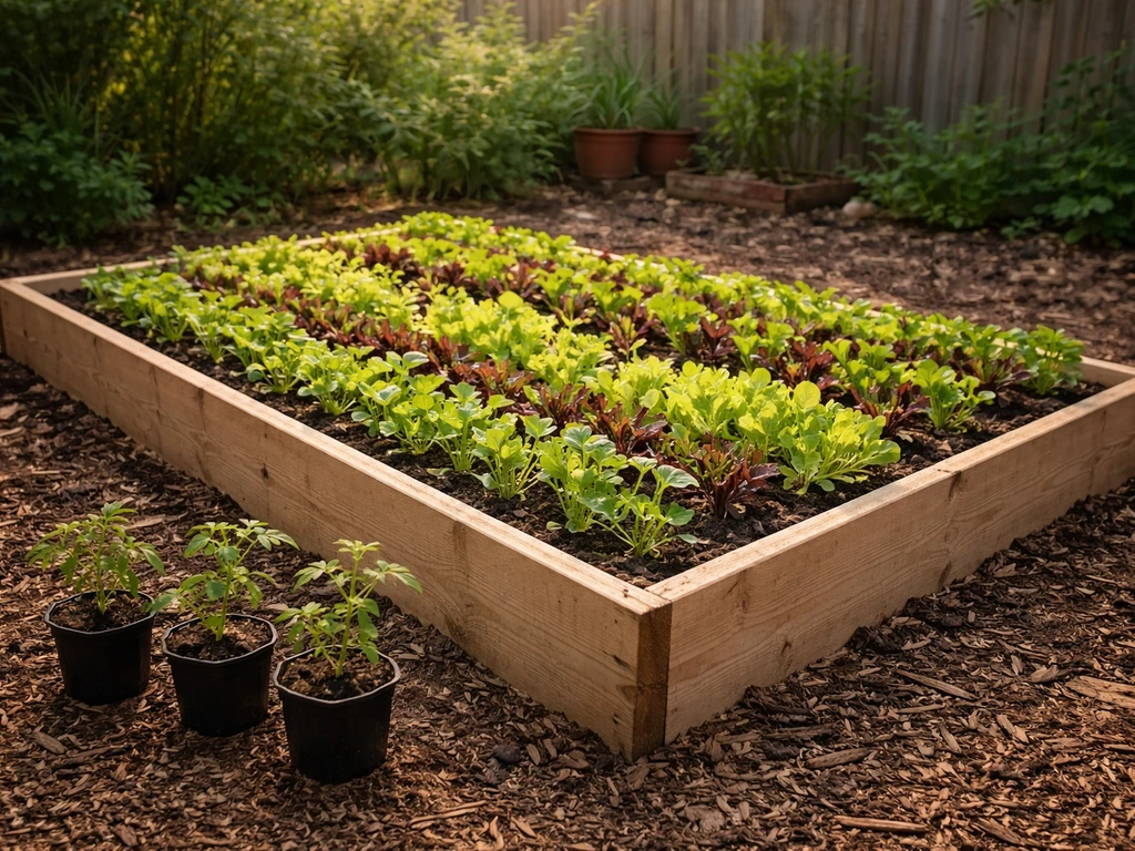 Small raised mesclun bed with cherry tomato seedlings in pots beside it in early spring light.