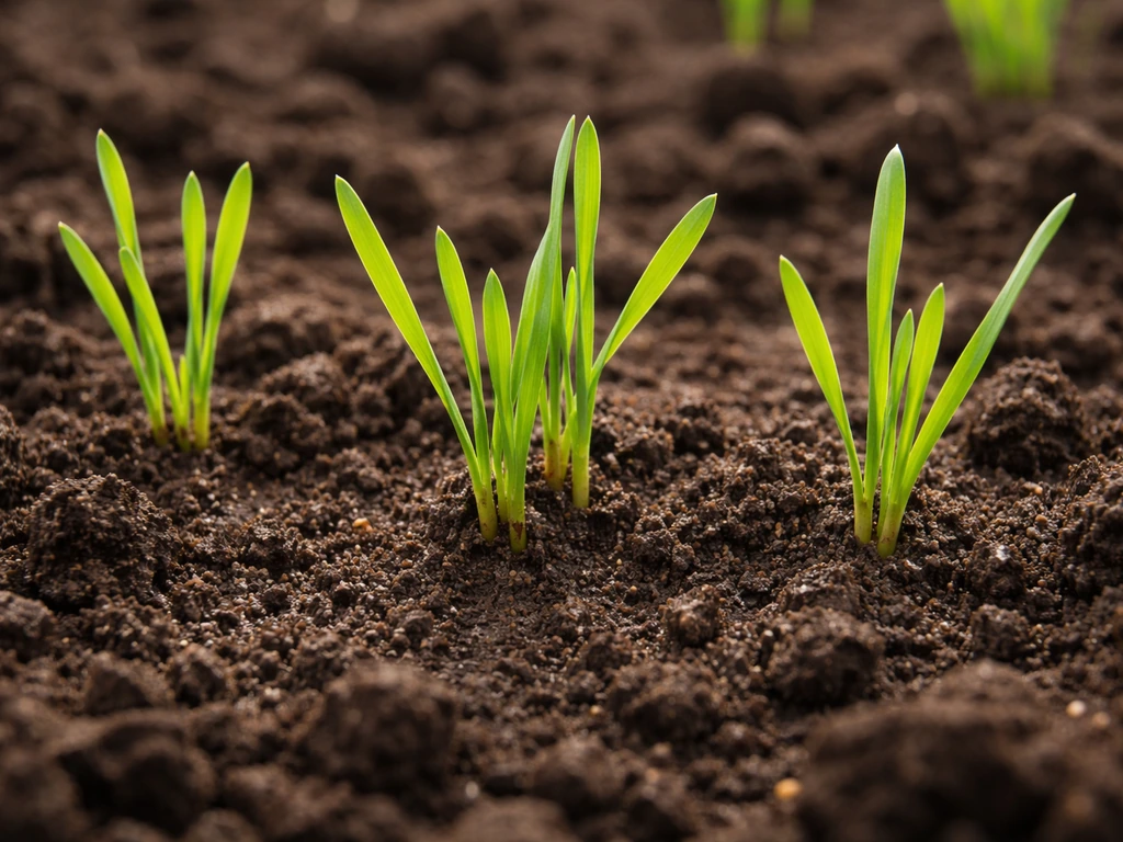 Close-up of healthy wheat seedlings growing in dark, well-prepared soil with young tillers.