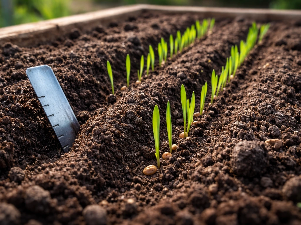 Wheat seedlings emerging from shallow soil in a raised bed with a soil depth tool nearby.