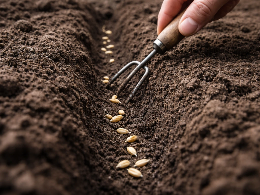 Hand placing wheat seed in a shallow furrow, showing 1–1.5 inch planting depth.