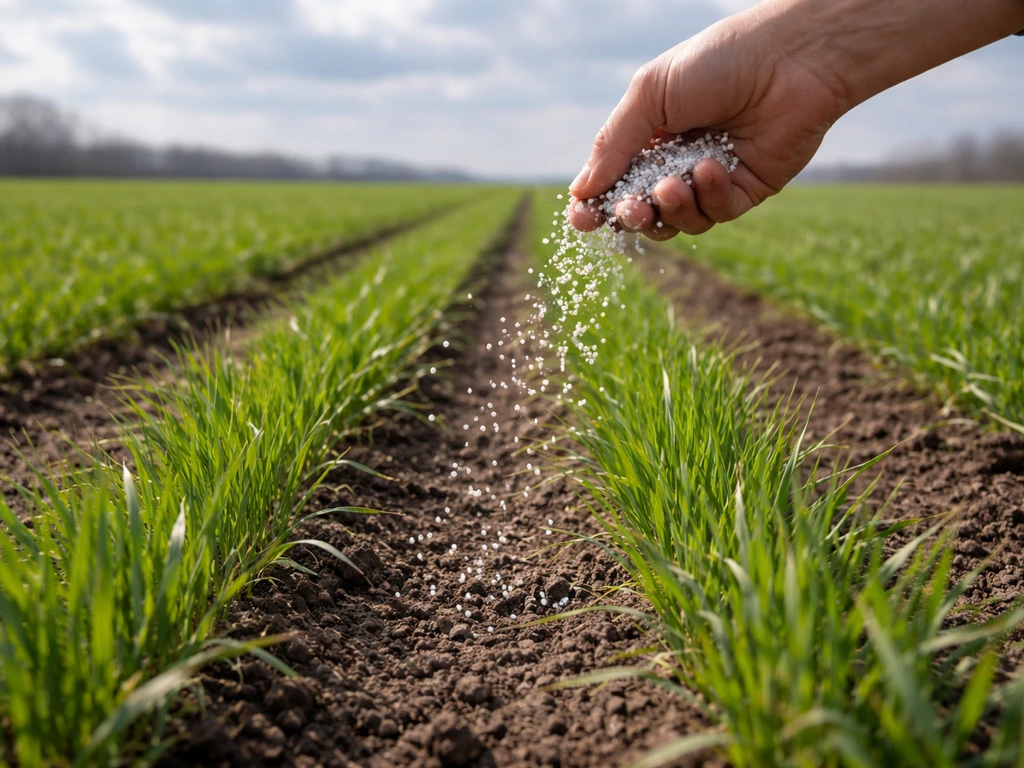 Hand broadcasting granular nitrogen fertilizer over early spring winter wheat rows.