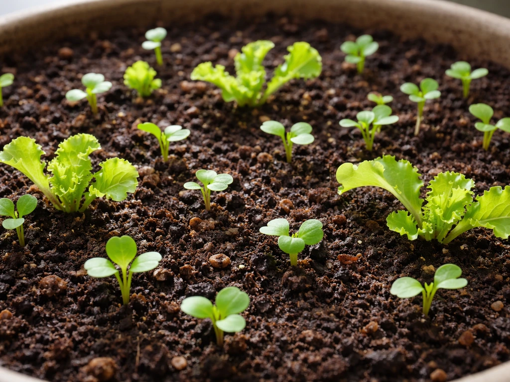 Overhead view of fresh salad and radish seedlings growing in dark multi-purpose compost