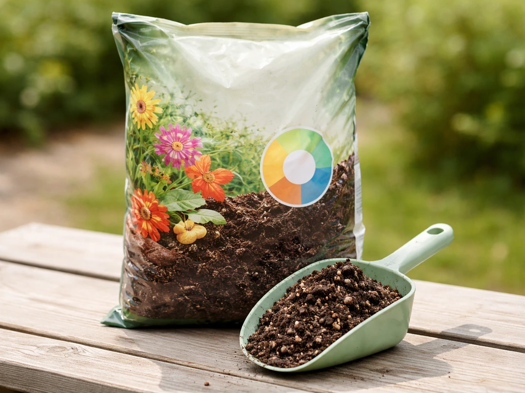 Bag of multi-purpose compost beside a scoop showing dark, crumbly texture in natural light.