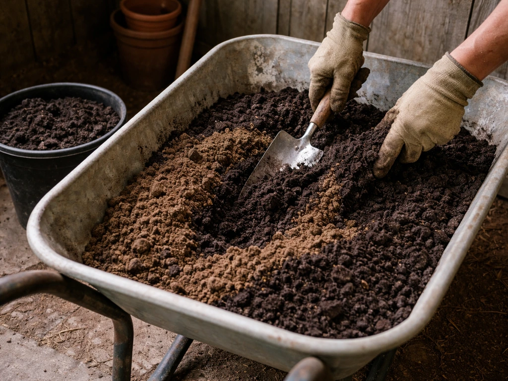 Hands mixing topsoil and multi-purpose compost in a wheelbarrow with an even blend for containers.