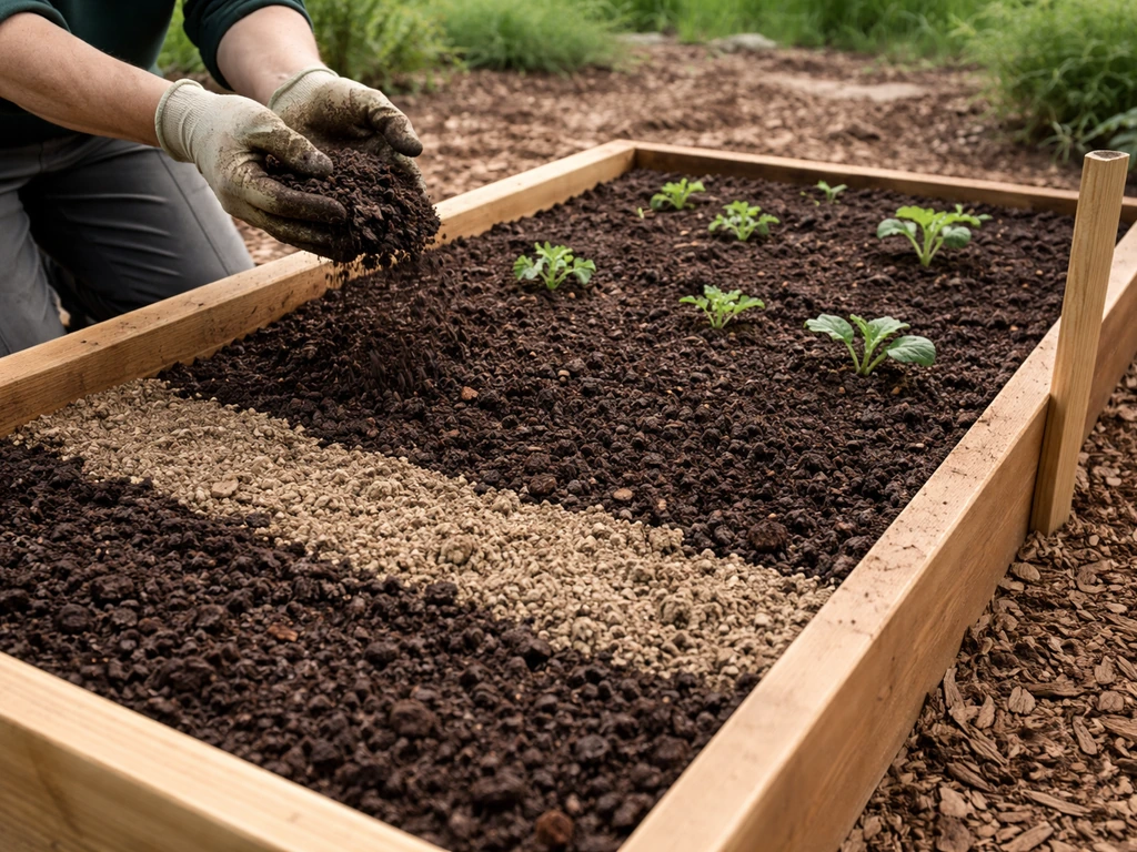 Hands mixing layered compost in a raised garden bed with visible growing depth preparation.