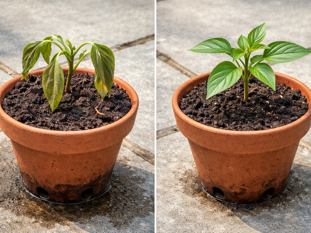 Side-by-side containers: left waterlogged compost with wilted plant, right bone-dry compost with healthy recovery.