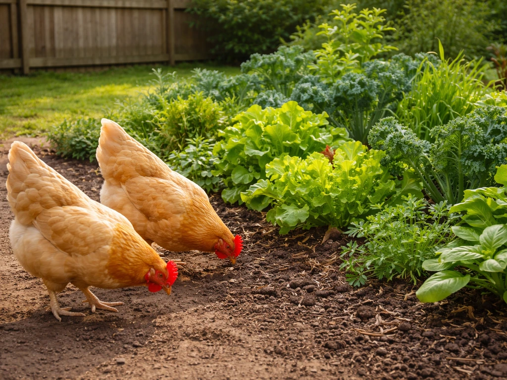 Backyard chickens foraging beside a lush mixed garden bed of leafy greens and forage plants.