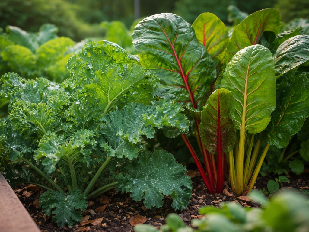Close-up of fresh kale and Swiss chard leaves growing in a backyard garden bed.