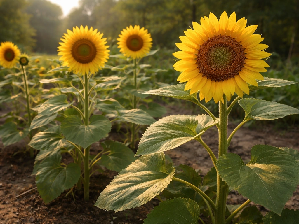 Sunflower heads on green stalks in a small garden plot, photographed in natural morning light.
