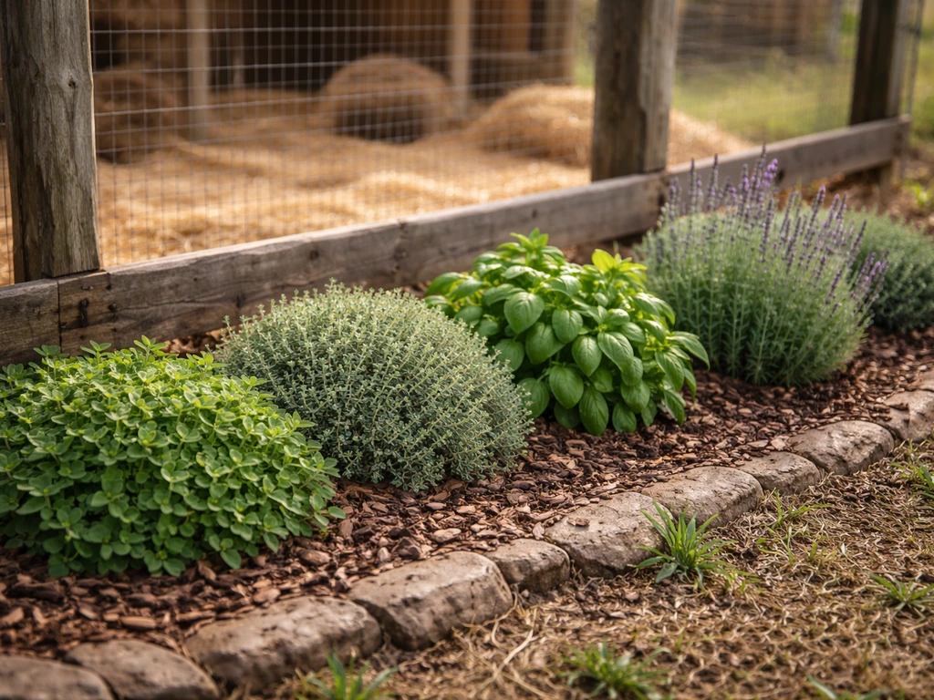 Herb bed along a coop fence with oregano, thyme, basil, mint, and lavender in separate clumps