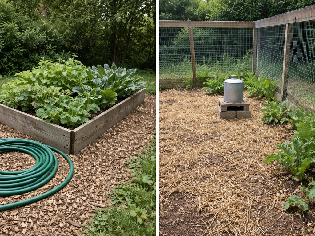 Split view of a raised forage garden bed and forage plants growing inside/along a chicken run fence line.