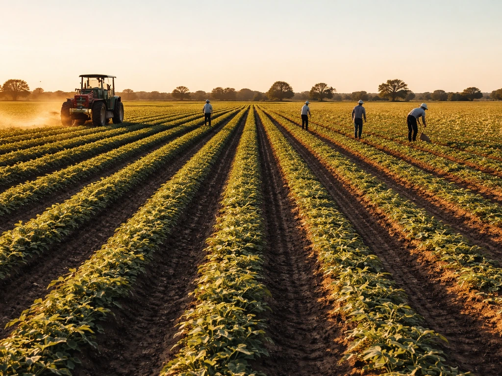 Sunlit crop rows with a working tractor and distant farm laborers tending fields.