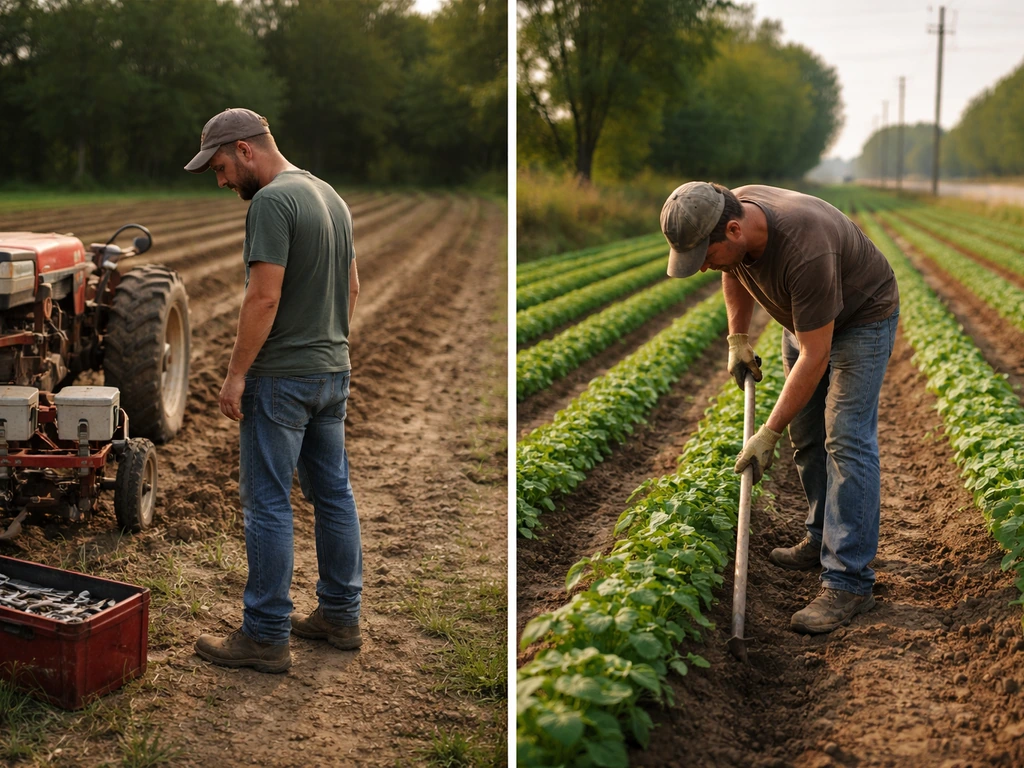 Two adjacent farm-work scenes: operator checking a tractor on one side and tenant tending crops on the other.