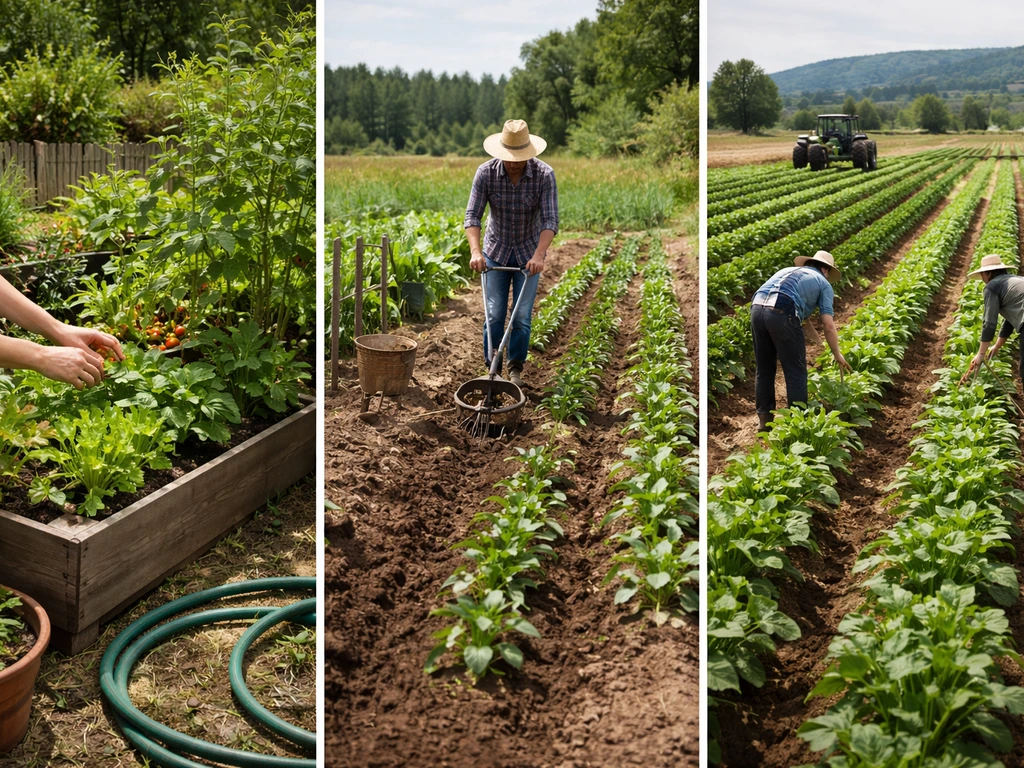 Three simple farm scenes showing container gardening, small field work, and larger acreage with equipment.