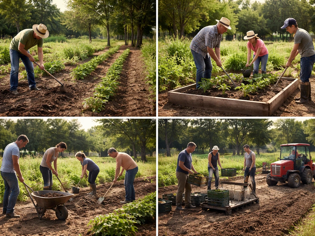 Four-person farming work scenes: solo worker, family team, co-op group, and hired crew with tools