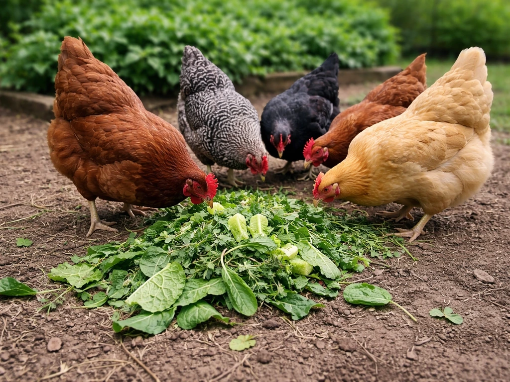 Backyard chickens pecking assorted leafy greens and clover scattered on soil beside a garden bed.
