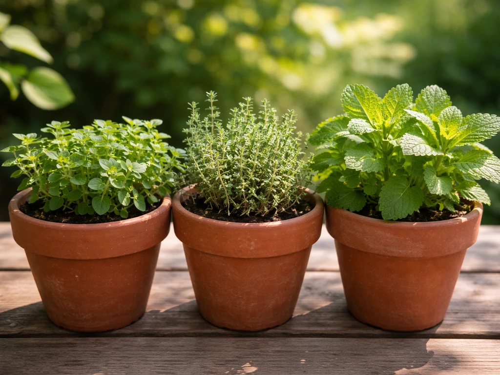 Fresh oregano, thyme, and lemon balm growing in small terracotta pots on a sunny patio