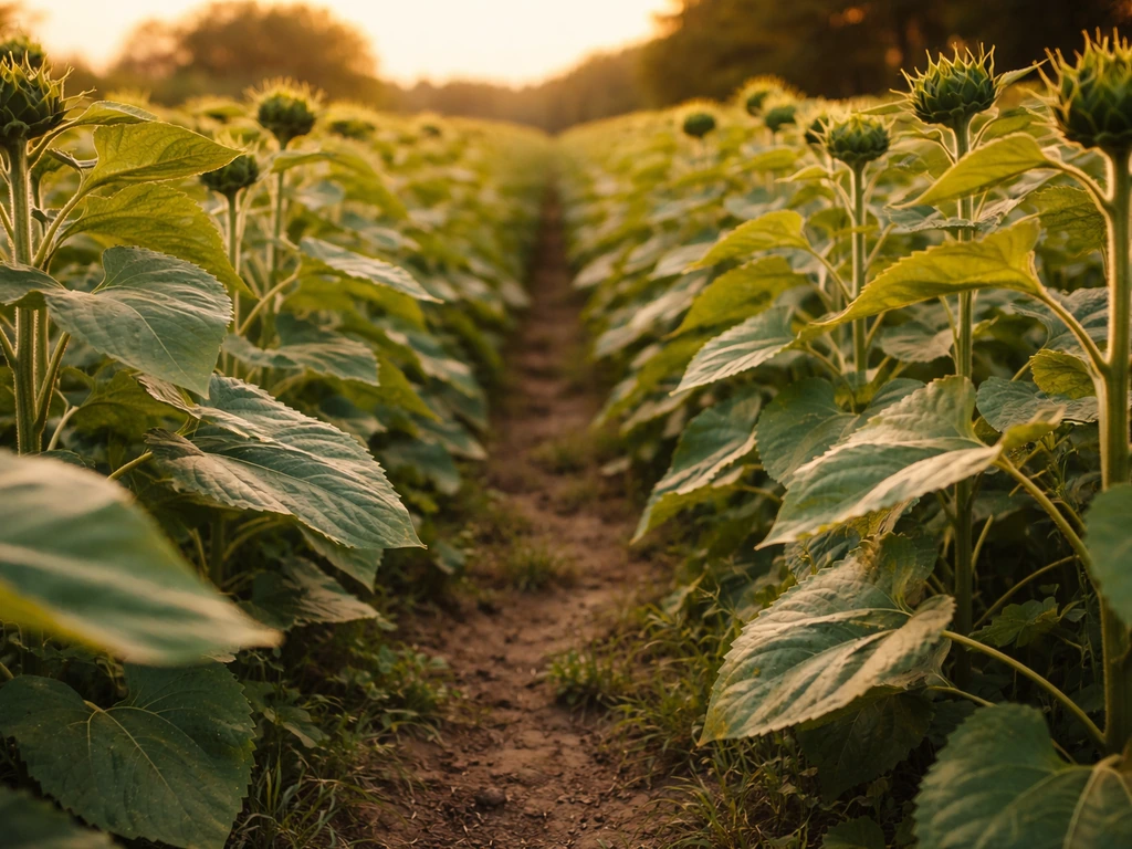 Sunflower field at golden hour with rows of plants and sunflower heads forming
