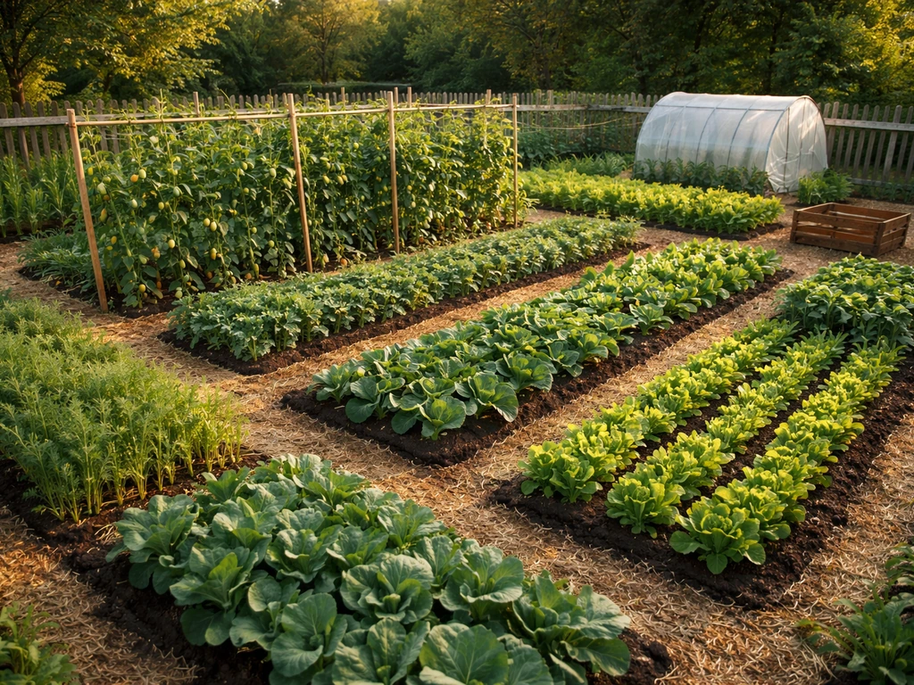 Wide view of a small-market garden with trellised crops and harvest-ready beds in tight layout