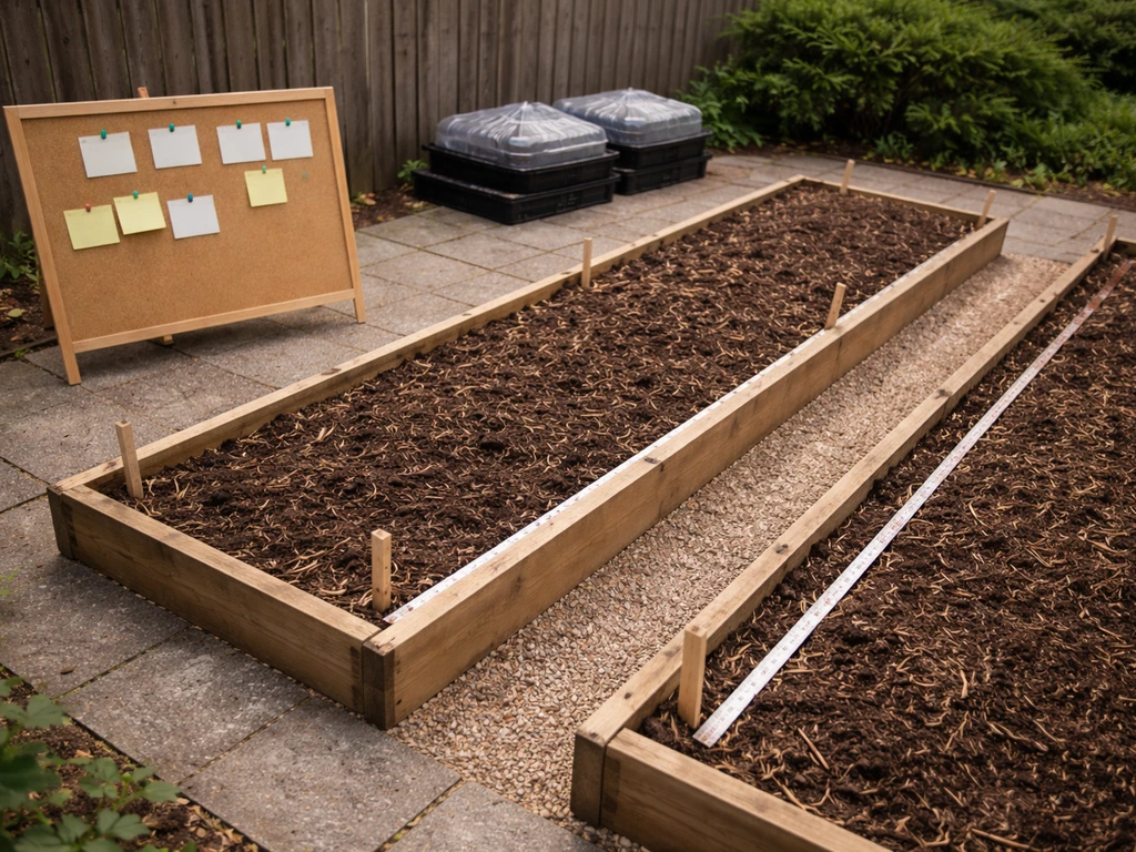 Overhead photo of small raised garden beds with measuring tapes and a blank planning board for frost planning.