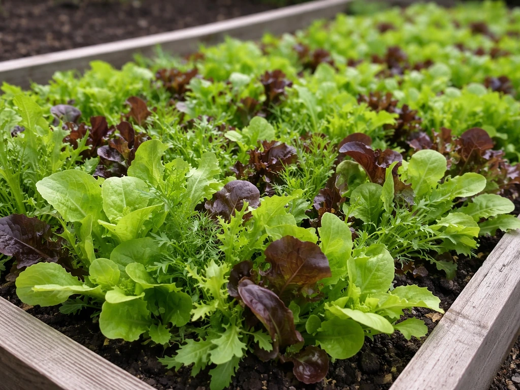 Dense beds of mesclun and baby leaf lettuce with fresh green leaves in natural light.