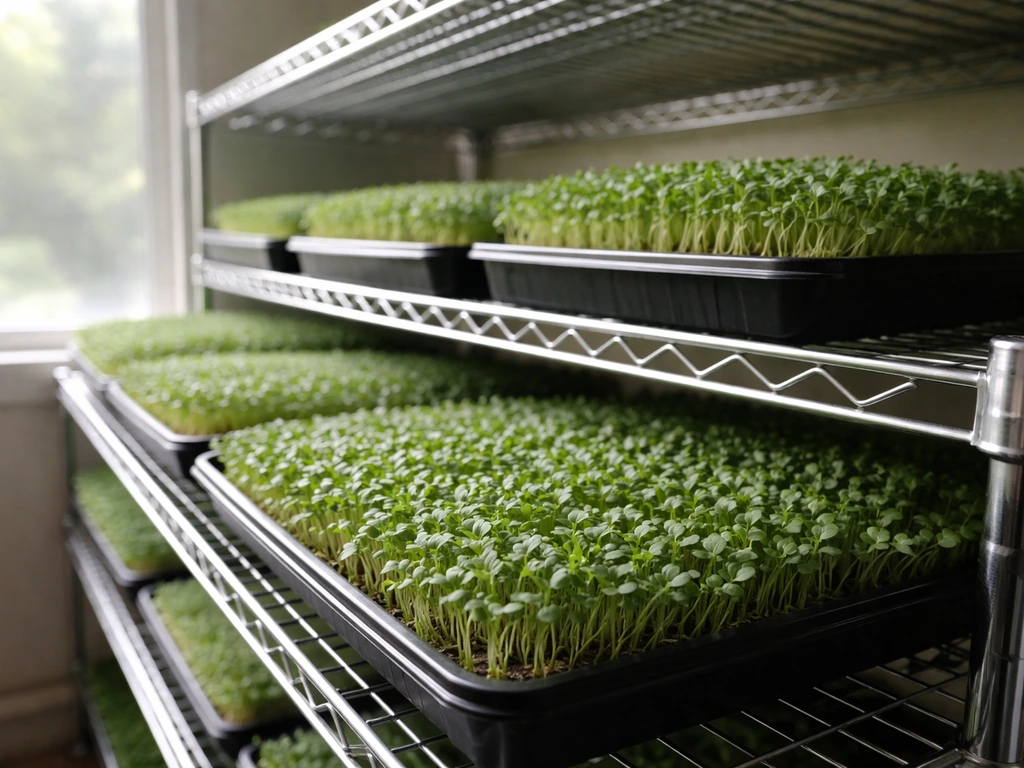 Indoor racks holding dense, harvest-ready trays of green microgreens with visible cotyledons.