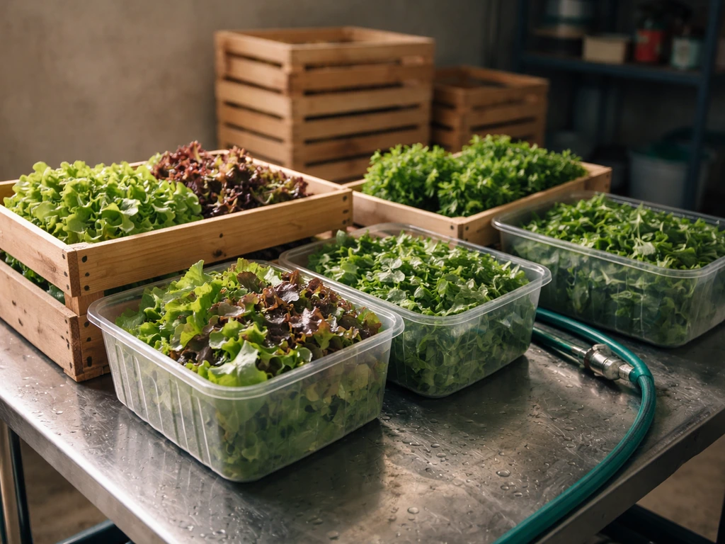 Morning produce prep scene with washed leafy greens and herbs staged in crates for customers