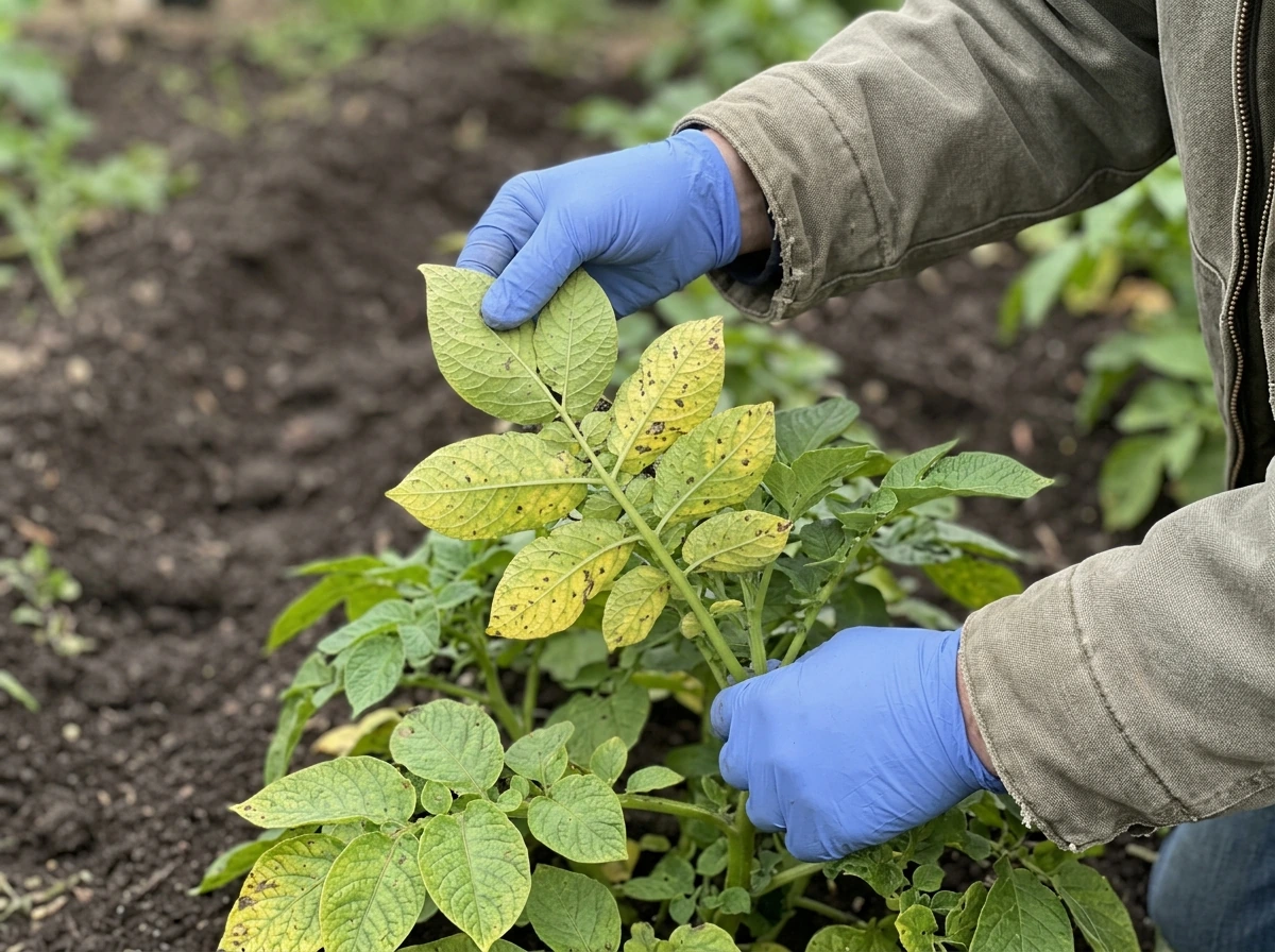 Leaf underside inspection showing early potato plant symptoms on a mound.