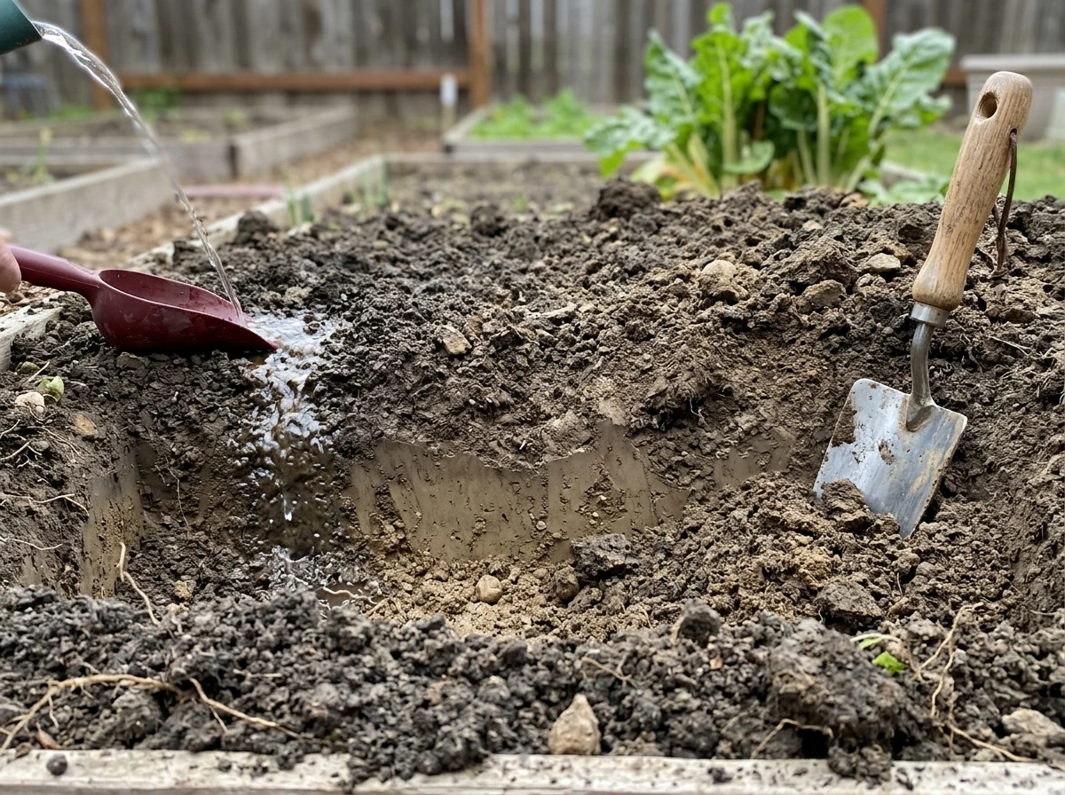 Trowel checking potato bed depth and loose drainage soil texture.