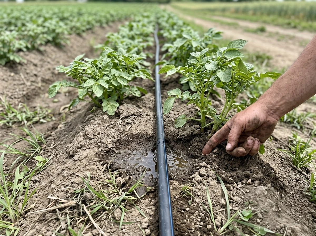 Drip watering with a soil moisture check near potato stems.