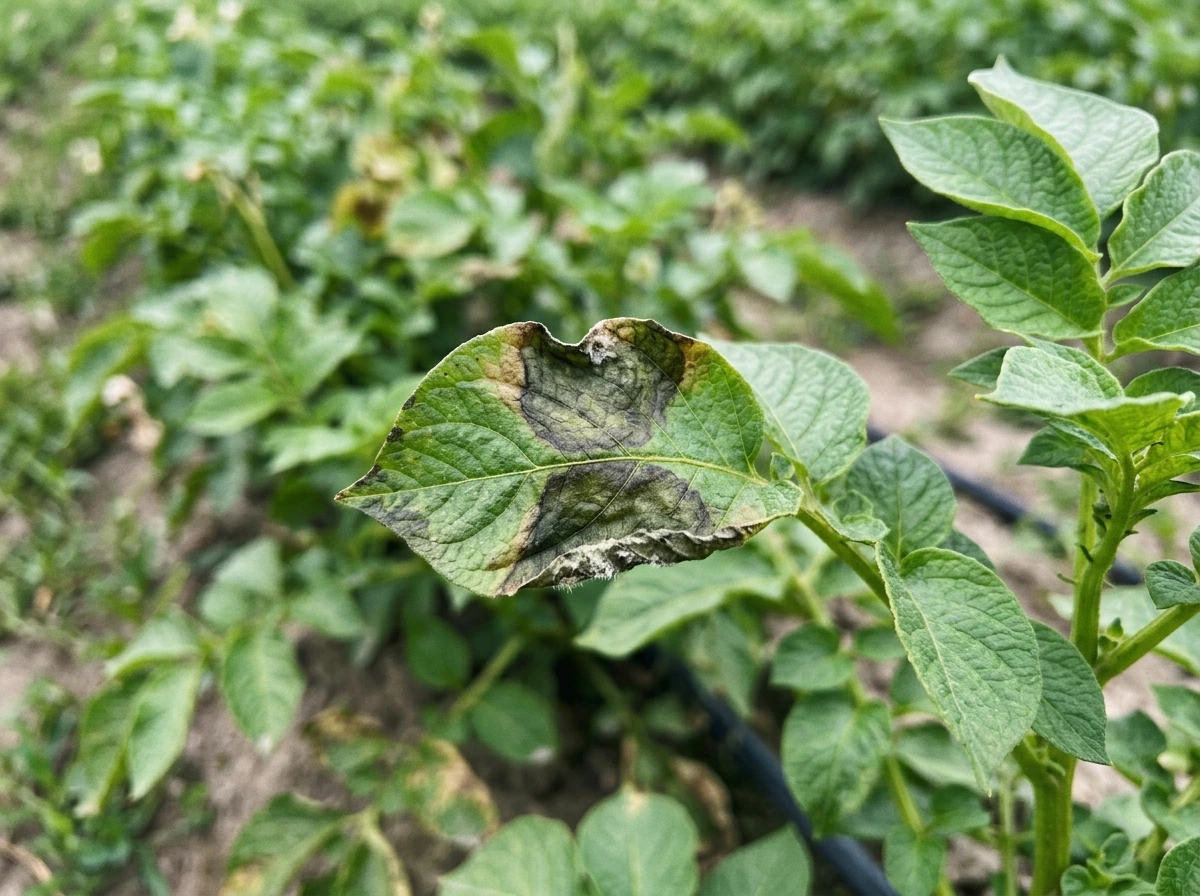 Close-up of late blight lesions (or beetle) on potato leaves for fast diagnosis.