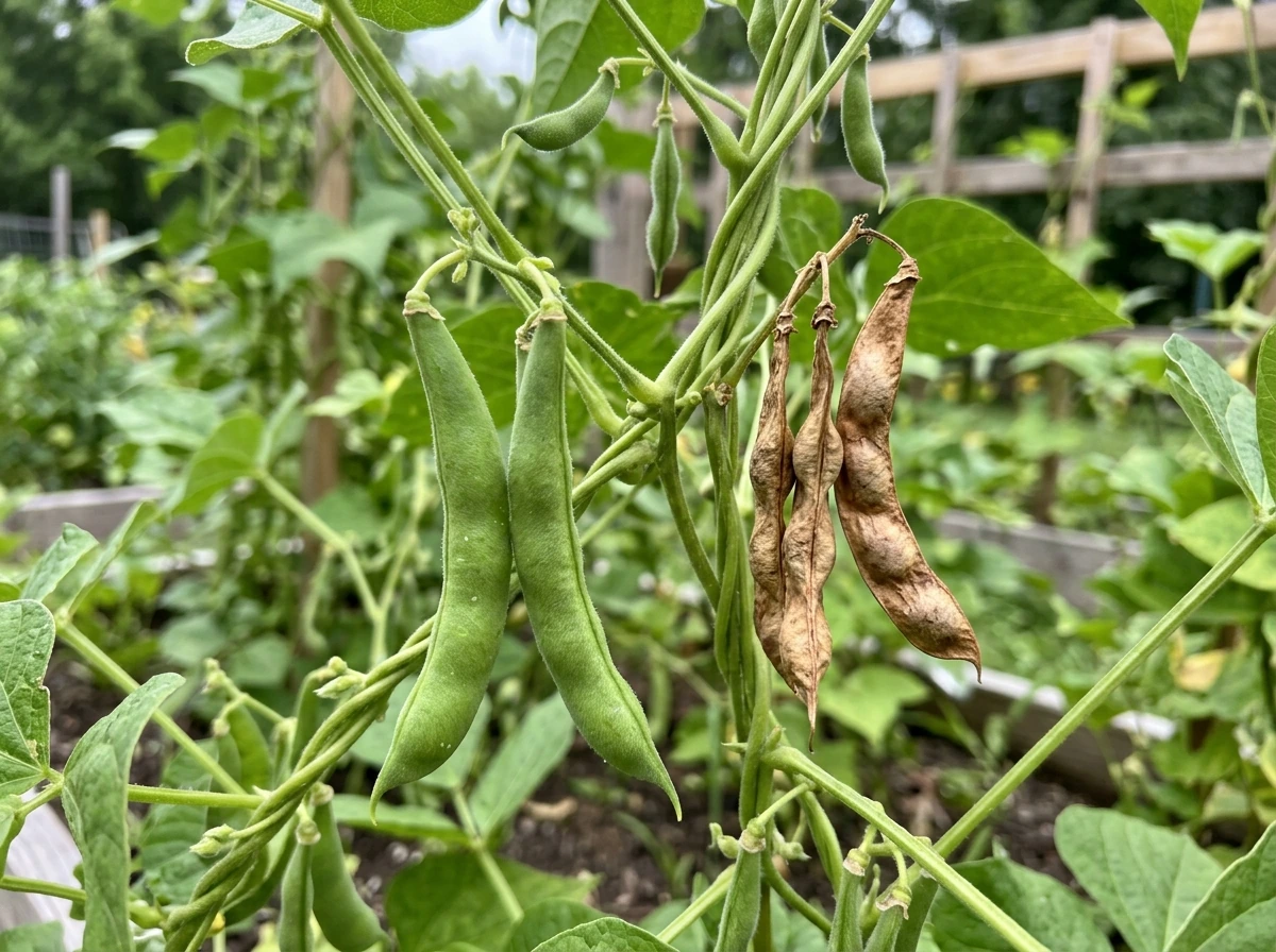Green bean pods and a few maturing dry bean pods on the same plant