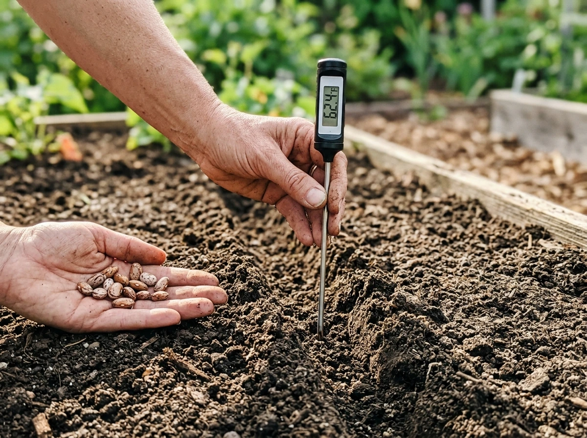Bean bed with soil and a hand checking warm soil temperature